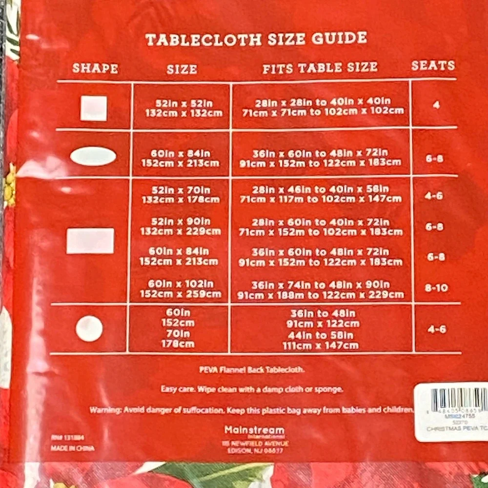 Holiday Poinsettia PEVA Tablecloth Flannel Backing 52 x 70 Oblong‎ Christmas NEW